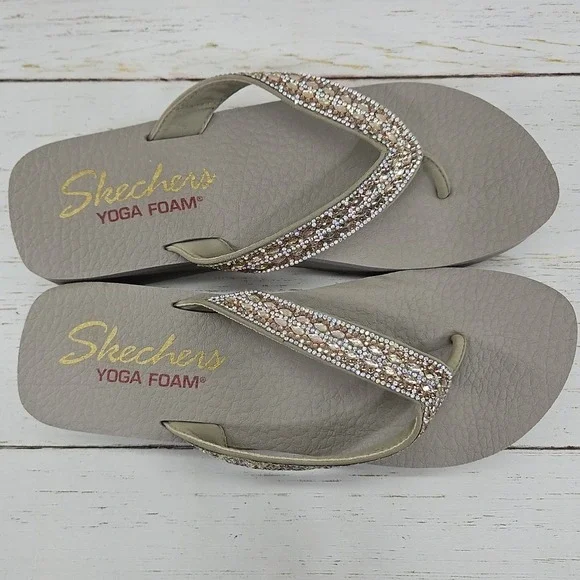 Skechers Vinyasa Glory Day Womens 10 Taupe Jeweled Platform Thong Sandals 31619 - Picture 6 of 11